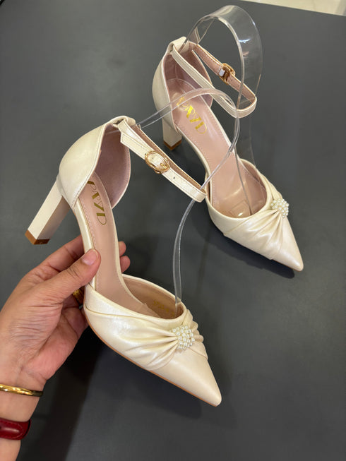 Ladies Elegant Pearl Decor Bow Pointy Toe Heel